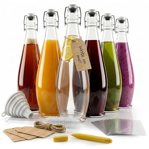 Nevlers 33 Oz Teardrop Swing Top Glass Bottles with Airtight Lid 6 Pack | Flip Top Glass Bottle with Stopper , Brush, Funnel, Shrink Wrap, Tags & Marker | Large Empty Beer Bottles for Home Brewing - style: Teardrop