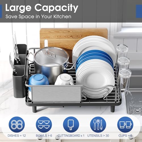 Urackify Stainless Steel Dish Drying Rack - Large Capacity Kitchen Counter Organizer with Drain Board, Utensil Holder & Detachable Cup Shelf, Surgical-Grade Rust-Proof Dish Drainer, Easy Assembly - color: Black