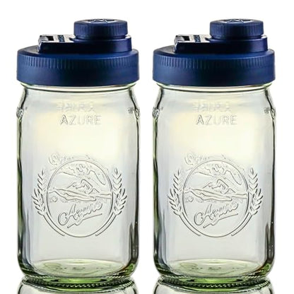 Brewing America Glass Mason Jar Pitcher with Lid - Azure Standard Jars, 1 Quart (32 oz) with Old Glory Blue Wide Mouth Pour Lid, for Smoothie, Boba Cup, Sun Tea, Cold Coffee Glass Tumbler, 2-Pack - color: Old Glory Blue