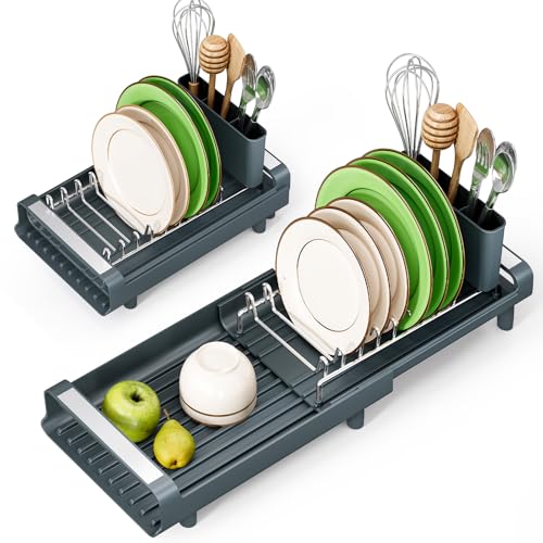TOOLF Small Dish Drying Rack, Mini Expandable Compact Dish Rack, Slim Extendable Stainless Steel Dish Drainer for Kitchen Countertop, Space Saving Dish Strainer, Dark Slate Gray - color: Dark Slate Gray