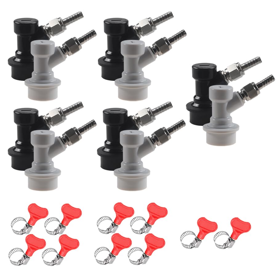5 pair Ball Lock Disconnect Set LUCKEG Brand Corny Keg Fittings Keg Parts MFL Thread Swivel Nuts with Stainless Steel 5/16'' Gas and 1/4'' Liquid Barbs for Keg Posts Coupler Homebrew with Worm Clamps