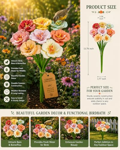 Bee Watering Station for Garden Cups Bird Butterfly Bees Ceramic Drinking and Water Bath Feeder Cup Blossoms Flowers Shaped Design Poppies Bowl Wildlife Feeding 5PCS Watring Pollinator (5PCS-F) - color: 5PCS-F