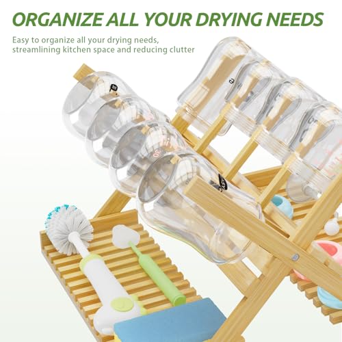 DSVENROLY Baby Bottle Drying Rack Foldable Vertical Bamboo Milk Bottle and Accessories Organizer for Busy Parents, Maximizes Space, Quick Drying, Easy Cleanup & Storage (Bamboo)