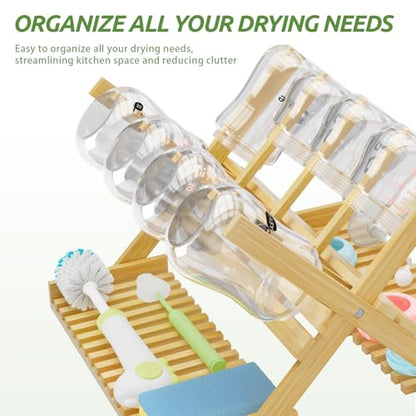 DSVENROLY Baby Bottle Drying Rack Foldable Vertical Bamboo Milk Bottle and Accessories Organizer for Busy Parents, Maximizes Space, Quick Drying, Easy Cleanup & Storage (Bamboo)