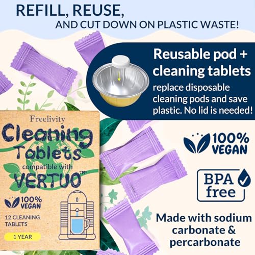Nespresso Compatible Vertuo Cleaning & Descaling Kit – 12 Month Supply - Includes 4 Descaling Powder Solution, 12 Cleaning Tablets, 1 Reusable Pod, Eco-Friendly Vertuoline Maintenance Kit