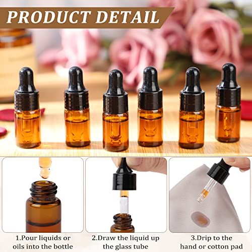 Nuogo 100 Pcs Mini Amber Glass Oil Dropper Bottle Bulk, Clear Essential Small Empty Sample Vial with Dropper and Black Caps Tiny Amber Glass Bottles Perfume Jars for Travel(3 ml) - size: 3 ml
