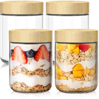 4 pack 16oz Overnight Oats Containers with Bamboo Lids, Glass Jars with Airtight Lids for Meal Prep, Wide Mouth Mason Salad Jars, Glass Food Storage Container for Yogurt Chia Snacks Spice Sugar - color: 16oz 4 Pack