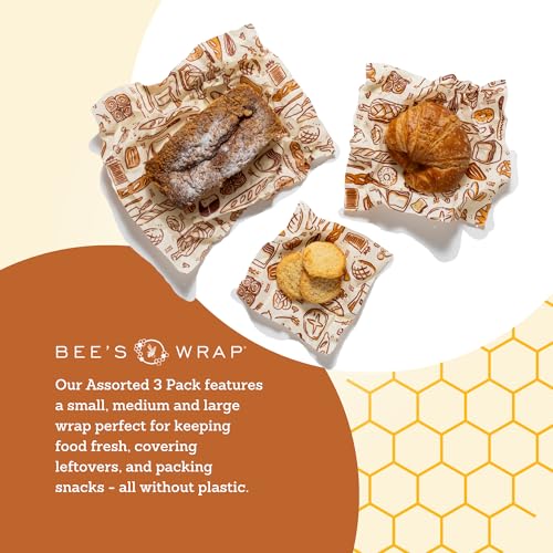Bee's Wrap Beeswax Wraps for Food - 3 Pack of Assorted Beeswax Wraps - Small, Medium & Large Wrap - Plastic Free Made in USA Reusable Natural Food Wrap - Bakery Lane Print - style: 3 Pack (Bakery Lane)