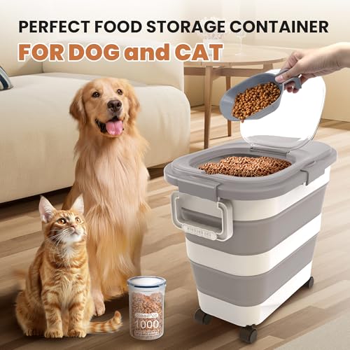 23-25 Lbs Airtight Dog Food Storage Container,Collapsible Dog Food Container with Lid,Wheels,Handle,Large Pet food storage Container with Scoop,Small Food Container for Dog Cat - color: Grey/25 LBS