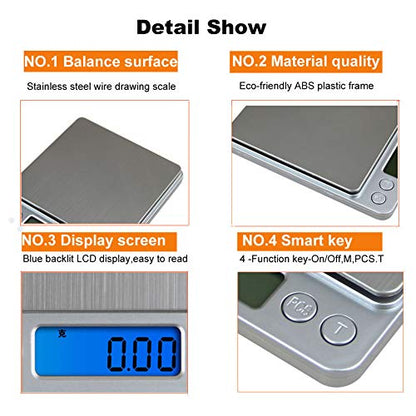 Digital Kitchen Scale,High Precision Stainless Steel Multifunction Food Scale Grams and Ounces Back-Lit LCD Display Small Pocket Jewelry Scales Auto Off,Tare,PCS,UNTS/Mode (3kg/0.1g) - size: 3kg/0.1g