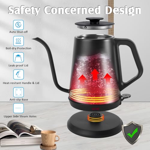 1L Electric Gooseneck Kettle, Tea Kettle for Boiling Water, Gooseneck Electric Kettle for Coffee & Tea, Fast Boiling for Pour Over, Auto Shut-Off, Boil-Dry Protection, 360° Rotational Base - color: 1.0L Black