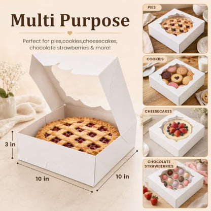 NPLUX 20 Pack Pie Boxes 10x10x3inch Bakery Boxes with Window Dessert Pastry Box for Pies,Cheesecakes and Chocolate Covered Strawberries, Graduation Gifts Party Favors(White) - color: White
