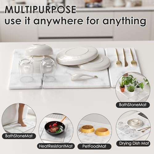 3 PCS Large Stone Dish Drying Mat for Kitchen Counter -24"x16" Absorbent Diatomaceous Earth Mat with Stone Faucet Mat & Soap Tray - Quick Dry, Collapsible, Non-Slip Countertop Organizer - color: Gray Marble