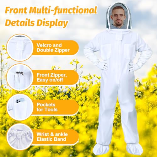 Bee suit,Full Body Beekeeping Suit with Stinging Protection for Wasp Removal,Bee Suits for Men Sting Proof with Gloves & Protective Round Veil for Beekeeping and Outdoor Yard (L for 5'3"-5'7") - size: L for 5'3"-5'7"