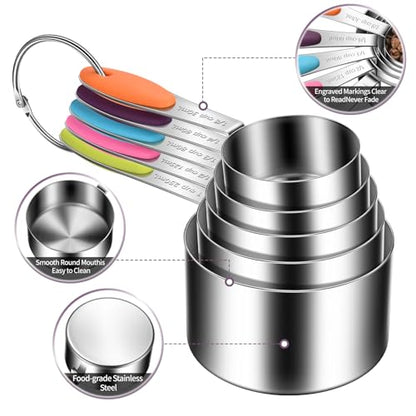 10-Piece Measuring Cups and Spoons Set, 304 Stainless Steel with Color-Coded Handles, Engraved Markings Never Fade, Plastic Free, Dishwasher Safe, Includes 1/8 Cup & 1/4 Tsp