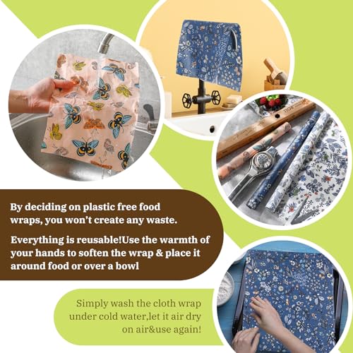 Moukeren 3 Rolls Beeswax Wraps for Food Assorted 13 x 40" Cut to Size Reusable Beeswax Food Wrap Organic Cotton Sustainable Wax Paper Wrappers Plastic Silicone Free for Bread Cheese(Butterfly)