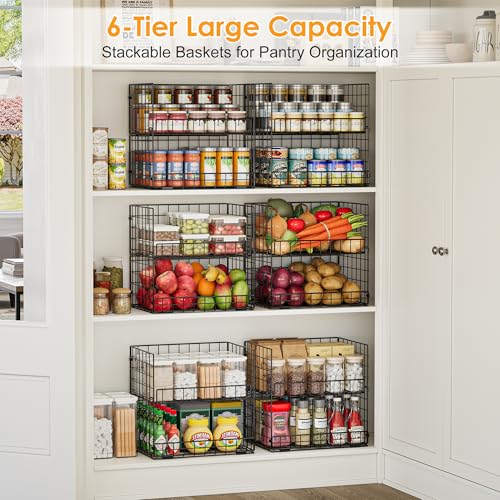 JKsmart 6-Tier Stackable Wire Basket, Can Organizer for Pantry Kitchen, XXL Metal Storage Shelves with Dividers & Handles, Easy Assembly Space Saving Storage Bins for Snacks Fruits Veggies - size: 6 Tier XXL