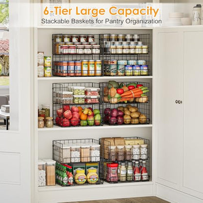 JKsmart 6-Tier Stackable Wire Basket, Can Organizer for Pantry Kitchen, XXL Metal Storage Shelves with Dividers & Handles, Easy Assembly Space Saving Storage Bins for Snacks Fruits Veggies - size: 6 Tier XXL
