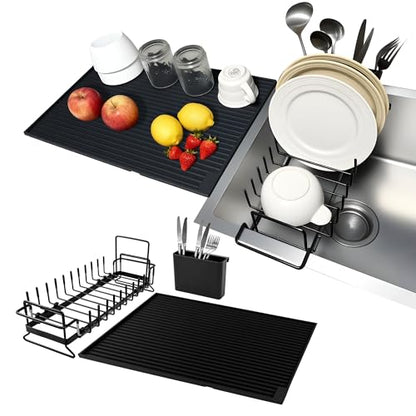 Expandable & Collapsible Dish Drying Rack for Over The Sink and in Sink, Stainless Steel with Silicone Drip Tray, Space Saving Adjustable Dish Rack for Small Kitchen, Apartment & RV