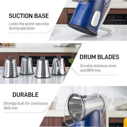 VEKAYA Rotary Cheese Grater Hand Crank with 4 Interchangeable Stainless Steel Blades, Large Manual Handle Shredder and Waffle Slicer for Vegetables, Cheese and Nuts with Table Suction Base(Blue) - color: Blue