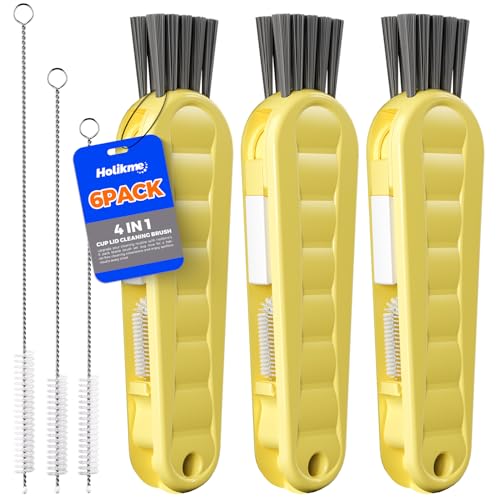 6 Pack Holikme 4 in 1 Cup Lid Cleaning Brush Set with 3 Straws, Multifunctional Bottle Brush, Silicone Cup Lid Gap Cleaner, Durable Bristle Crevice Cleaning Brush, Yellow - color: Yellow