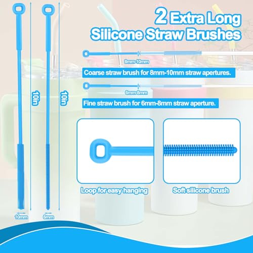XANGNIER Silicone Straw Cleaner Brush,2 Pcs Reusable Extra Long Straw Cleaner Brush for Cleaning Plastic Metal Stainless Steel Glass Boba Clear Smoothie Travel Drinking Straws,Straw Cover - size: 2 pack