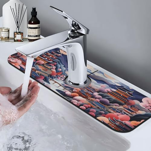 Kitchen Sink Faucet Mat Splash Guard, Chinese Style House Bridge Moon Super Absorbent Drying Mat, Non-Slip Drain Pad for Bathroom Counter - color: House Bridge Moon