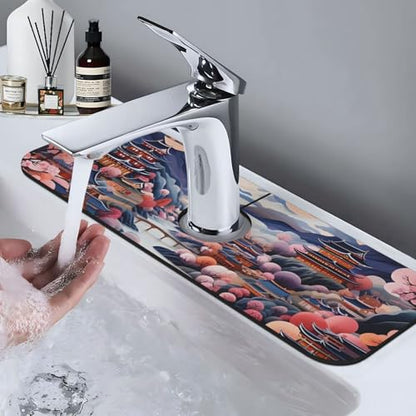Kitchen Sink Faucet Mat Splash Guard, Chinese Style House Bridge Moon Super Absorbent Drying Mat, Non-Slip Drain Pad for Bathroom Counter - color: House Bridge Moon