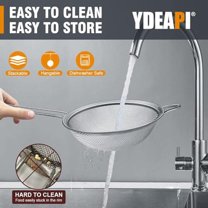 Ydeapi Fine Mesh Strainer, Stainless Steel Kitchen Strainers with Sturdy Handle, Set of 4 Metal Sieve for Food, Rice, Quinoa, Tea - 8.6", 6.3", 4.6", 2.7" - size: 8.6" + 6.3" + 4.6" + 2.7"