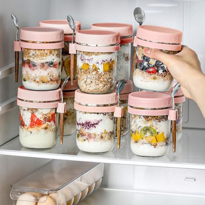 6 Pack Overnight Oats Containers with Lids and Spoons, 16 oz Glass Mason Overnight Oats Jars, Large Capacity Airtight Jars for Milk, Cereal, Fruit(Pink) - color: Pink