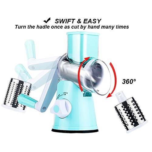 Cambom Rotary Cheese Grater Hand Crank Cheese Shredder for Fresh Cheese, Vegetable, Nuts,Non-slip Suction Base，Three Blades,Blue - color: Blue, size: 3 BLADES
