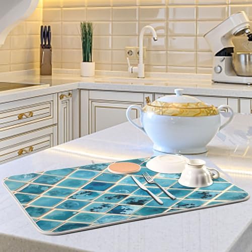 Kcldeci Turquoise Marble Dish Drying Mats for Kitchen 16x18 inch Drying Pad Dish Drainer Mat Kitchen Counter Mat Dish Drainer Mat L - color: Blue, size: 16x18in