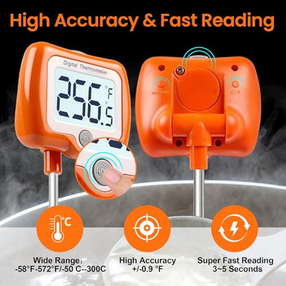 Deep Fry Thermometer - Digital Candy/Candle/Meat Thermometer with Rotatable Large Display, 10'' Long Probe, Programmable Instant Read for Oil Cooking (Orange) - color: Orange