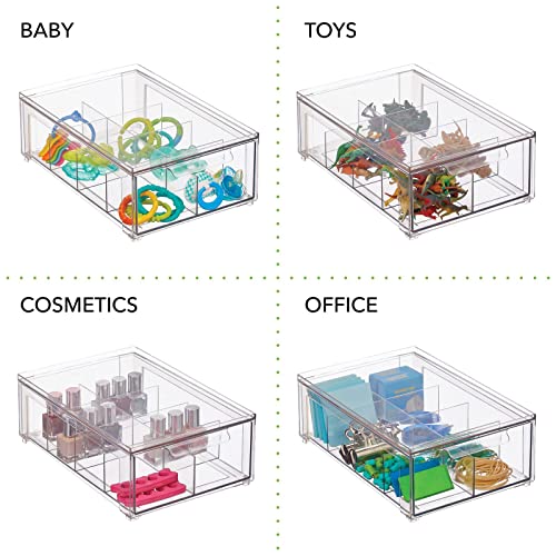 mDesign Plastic Kitchen and Pantry Organizer with Divided Drawer - Stackable Bin with 8 Sections for Tea and Snack Food - Perfect for Organizing Cabinet, Fridge - Lumiere Collection - 2 Pack - Clear