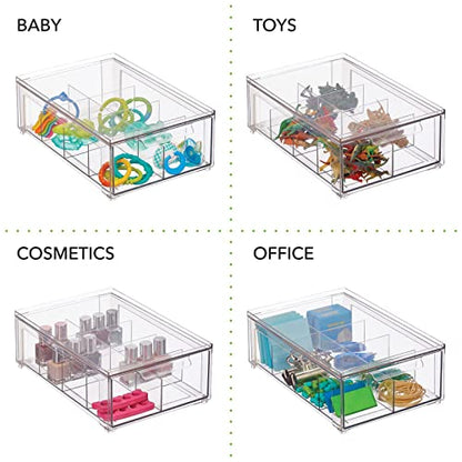 mDesign Plastic Kitchen and Pantry Organizer with Divided Drawer - Stackable Bin with 8 Sections for Tea and Snack Food - Perfect for Organizing Cabinet, Fridge - Lumiere Collection - 2 Pack - Clear