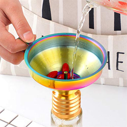 Stainless Steel Wide Mouth Funnels with Detachable Strainer, 5-inch Funnel for Filling Small Bottles and Jars, Cooking Oil and Transmission Liquid, Food Grade Metal Kitchen Funnels Rainbow - color: Rainbow