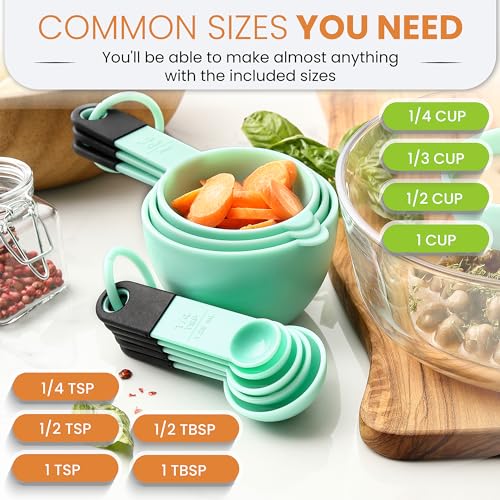 Spring Chef Mint Magnetic Measuring Cups and Spoons Set of 9, Stackable Plastic Kitchen Tool with Easy to Read Markings - Measure Dry or Liquid Ingredient for Baking & Cooking, BPA Free - color: Mint