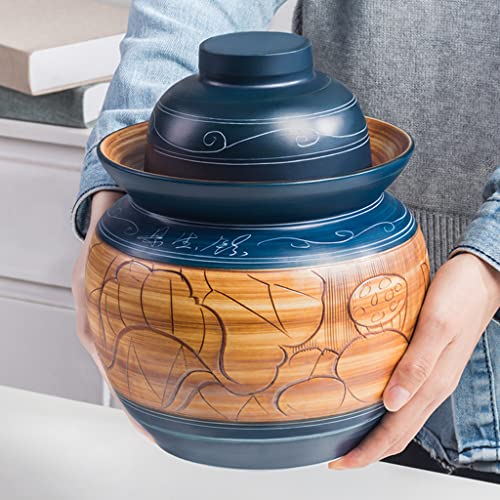 ZHOUXIAO Traditional Chinese Ceramic Fermenting Jar Fermentation Crock Carved Lotus Food Storage Containers Pickle Jars with Water Seal Airlock Lid Sealing Jars for Sauerkrau 1.75KG
