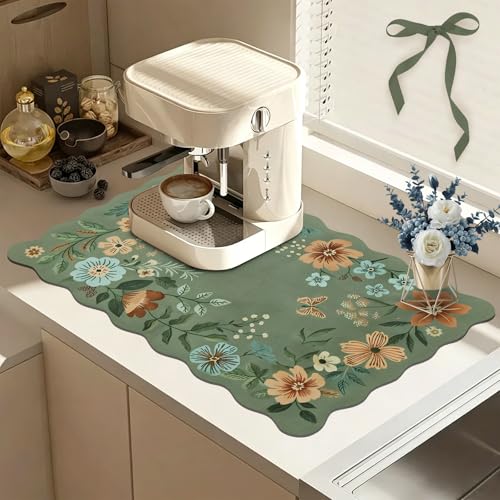 Scalloped Bohemian Boho Floral Flower Coffee Bar Mat Dish Drying Mats for Kitchen Counter, Kitchen Decor, (12"x19", Green 1) - color: Green 1, size: 19" x 12"