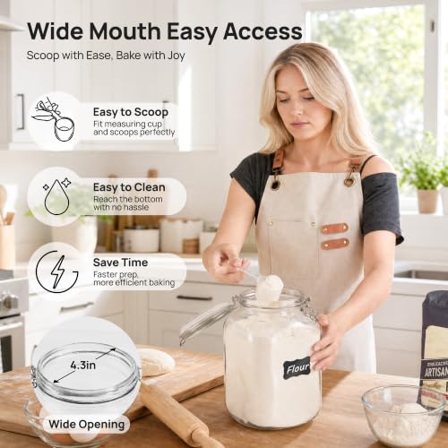 Vtopmart 2 Pack 1.1 Gallon Glass Storage Jars with Airtight Clamp Lids, 140oz Square Canisters with Wide Mouth & Measurement Marks, Large Food Containers for Flour, Sugar, Rice, Pickling & Fermenting