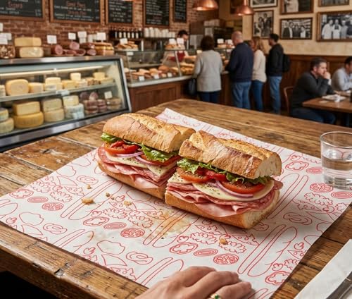 MADE IN USA 1,000 Sheets of Grease-Resistant Food Grade Waxed Kraft Deli Tissue Paper, 12" X 12" (Red Italian Sub Print) - color: Red Italian Sub Print