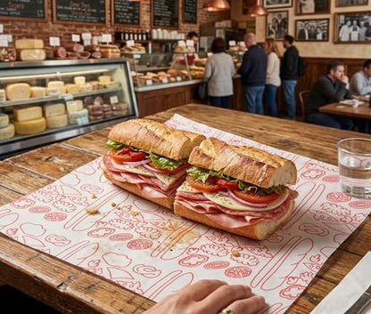 MADE IN USA 1,000 Sheets of Grease-Resistant Food Grade Waxed Kraft Deli Tissue Paper, 12" X 12" (Red Italian Sub Print) - color: Red Italian Sub Print