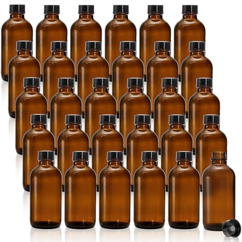 Bekith 30 Pack 4 oz Amber Glass Bottles, Boston Round Sample Bottles with Black Poly Cone Cap for Juice, Ginger Shots, Oils, Whiskey, Liquids