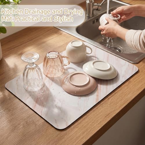 LemonRoad Dish Drying Mat for Kitchen Counter, 12"x20" Absorbent Coffee Bar Mat with Marble Texture Design, Fast-dry Diatomite Drainer Drying Mats with Non-slip Backing for Kitchen Sink Countertop - style: Marble Pattern