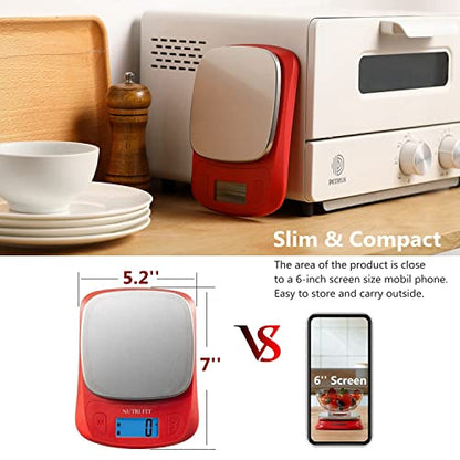 NUTRI FIT Ultra Slim Food Scale Digital Kitchen 1g Increment Measure in lb oz ml High Precision Weight in Grams and oz for Coffee Making, Meal Prep - Red/Stainless Steel - color: Red