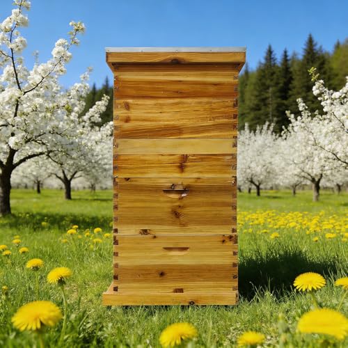 5-Layer Langstroth Bee Hive Kit, Beeswax Coated Wood Beehive with 2 Deep Brood Boxes and 3 Medium Super Boxes, 10-Frame Standard Bee House with Metal Top Cover & Queen Excluder, No Frames