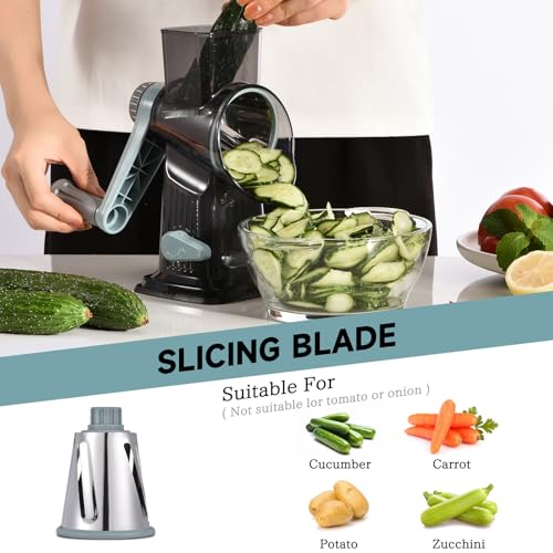 Rotary Cheese Grater with Handle Kitchen Shredder Slicer Grater Slicer Ice Shaver Cheese Vegetable Nuts Potato Zucchini Chocolate 3 Interchangeable Blades (GreyBlue) - color: Blue