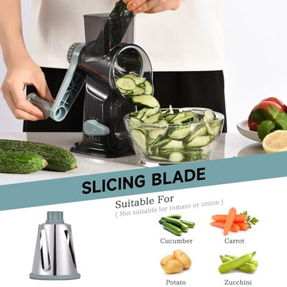Rotary Cheese Grater with Handle Kitchen Shredder Slicer Grater Slicer Ice Shaver Cheese Vegetable Nuts Potato Zucchini Chocolate 3 Interchangeable Blades (GreyBlue) - color: Blue