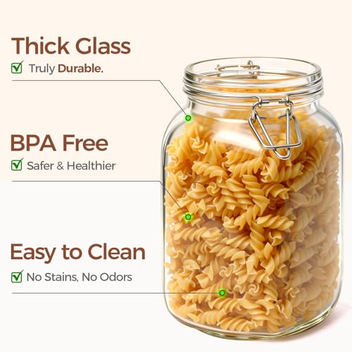 ComSaf Set of 3 Square Glass Jars with Airtight Lids (51 Oz) — Wire Clamp Canisters for Small-Batch Pickling, Kimchi, Bulk Dry Food, Wide Mouth Space Saving Kitchen Pantry Organization Jars - size: 51oz*3