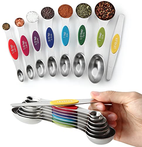 Spring Chef Multicolor Stainless Steel Magnetic Measuring Spoons Set of 8 with Leveler, Nesting Metal Teaspoon & Tablespoon Measuring Spoons, Kitchen Gadgets for Baking & Cooking - 2 Pack - color: Multicolor, size: 2-Pack